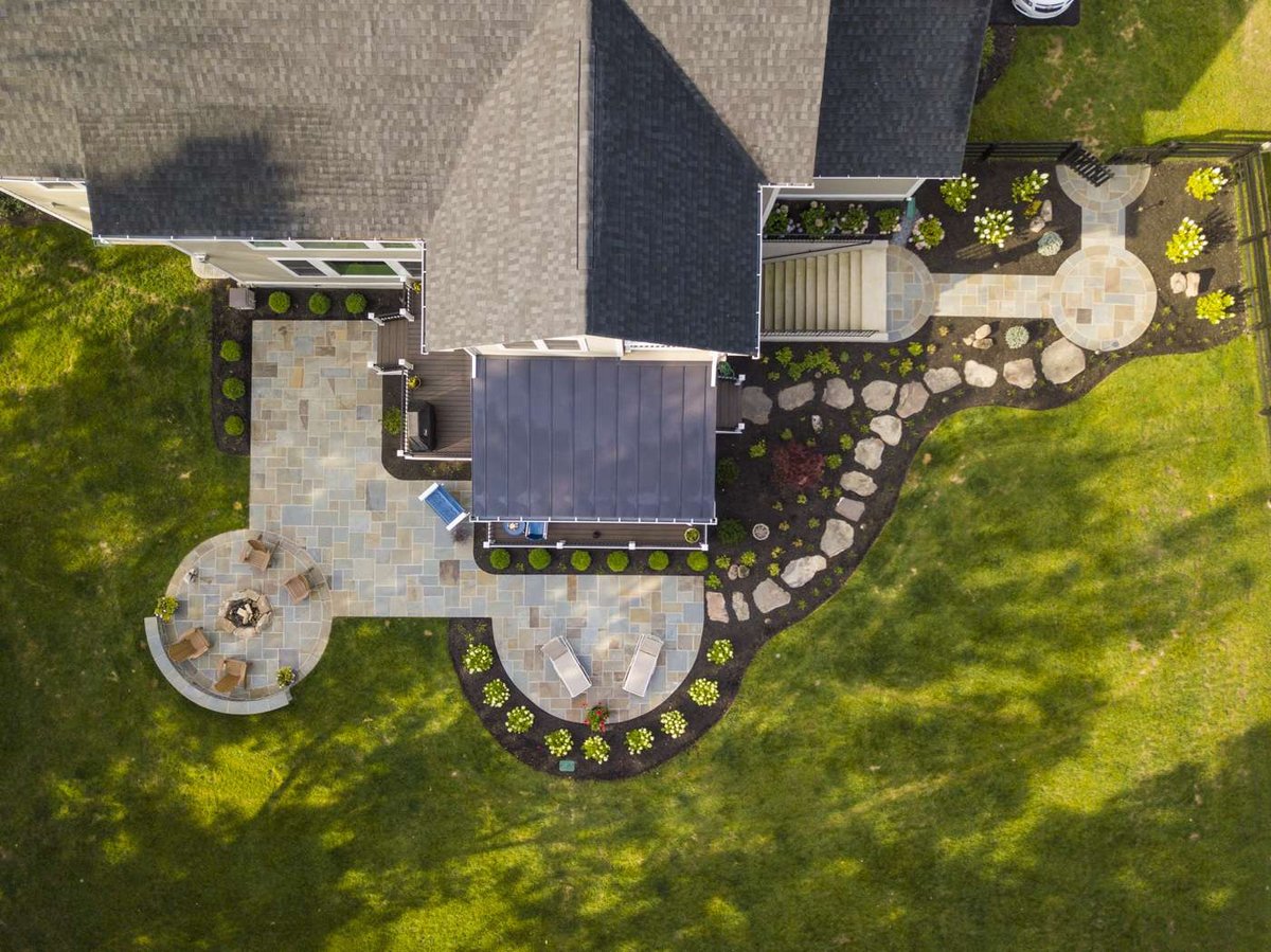 aerial photo of patio and plantings