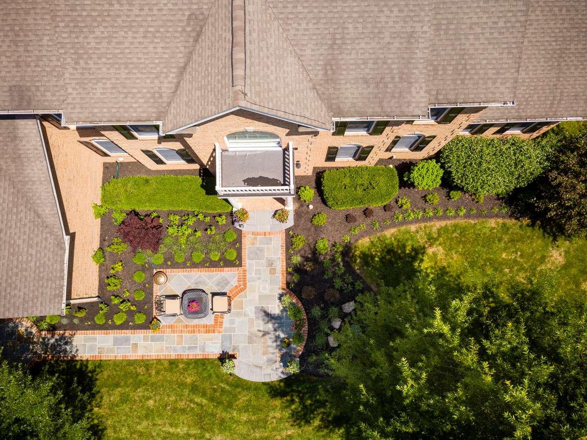 aerial photo of front walkway and patio