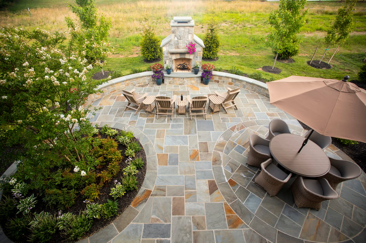 aerial photo of patio and fireplace